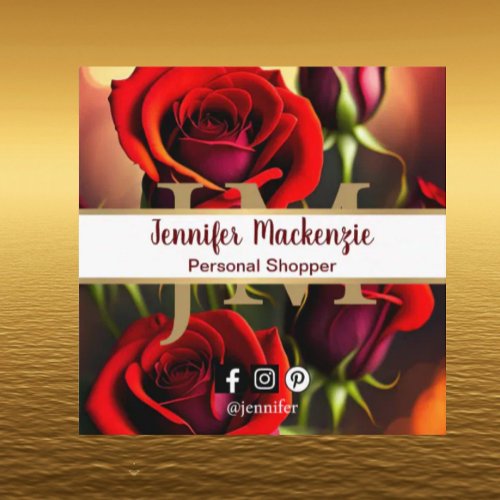 Elegant Red Roses Gold Square Business Card