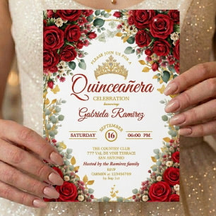Elegant Red Roses Golden Butterflies Quinceañera Invitation