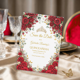 Elegant Red Roses Golden Butterflies Quinceañera Save The Date