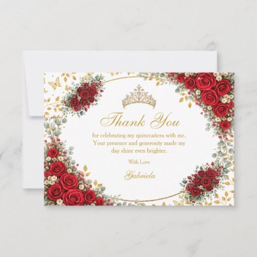 Elegant Red Roses Golden Butterflies Quinceañera Thank You Card
