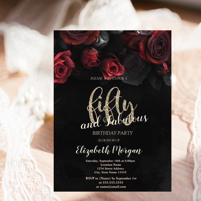 Elegant Red Roses Gothic 50th Birthday Party  Invitation (Creator Uploaded)