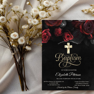 Elegant Red Roses Gothic Black Baptism Invitation