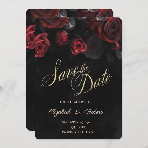 Elegant Red Roses Gothic Black Save The Date