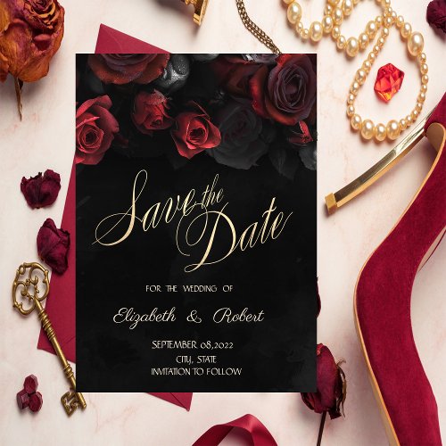 Elegant Red Roses Gothic Black Save The Date