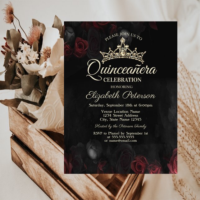 Elegant Red Roses Gothic Quinceañera  Invitation (Creator Uploaded)
