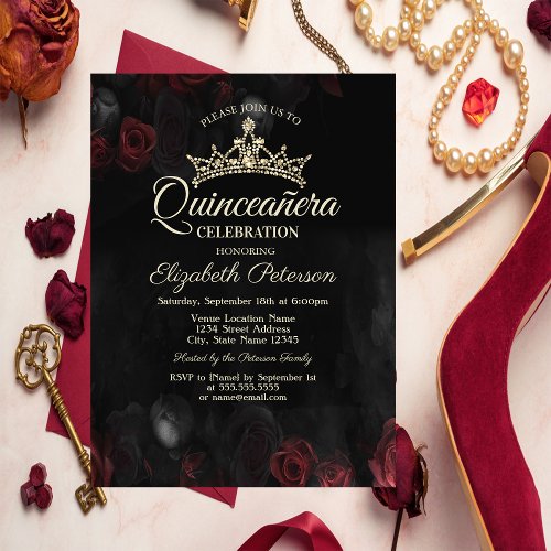 Elegant Red Roses Gothic Quinceaera  Invitation