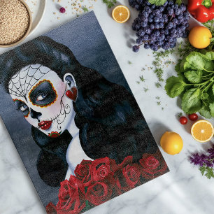 Elegant Red Roses Gothic Sugar Skull Woman Cutting Board