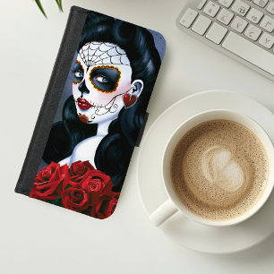 Elegant Red Roses Gothic Sugar Skull Woman iPhone 8/7 Wallet Case