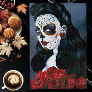 Elegant Red Roses Gothic Sugar Skull Woman Jigsaw Puzzle