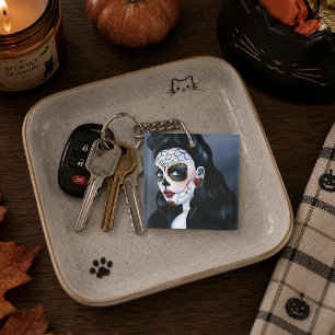 Elegant Red Roses Gothic Sugar Skull Woman Keychain