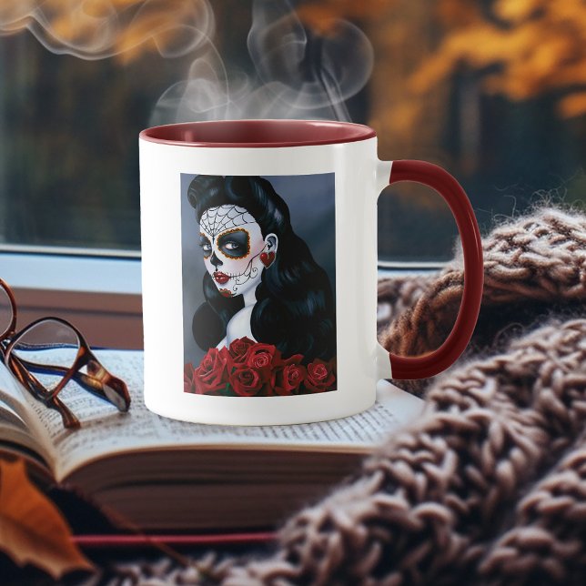 Elegant Red Roses Gothic Sugar Skull Woman Mug (Creator Uploaded)
