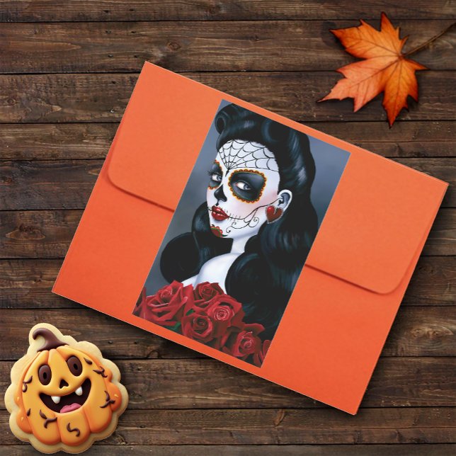 Elegant Red Roses Gothic Sugar Skull Woman Rectangular Sticker (Creator Uploaded)