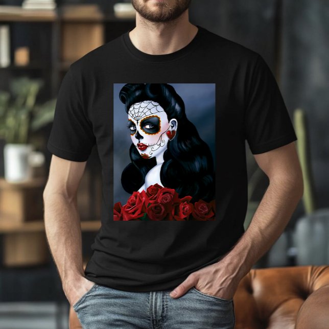 Elegant Red Roses Gothic Sugar Skull Woman T-Shirt (Creator Uploaded)
