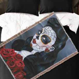 Elegant Red Roses Gothic Sugar Skull Woman Throw Blanket