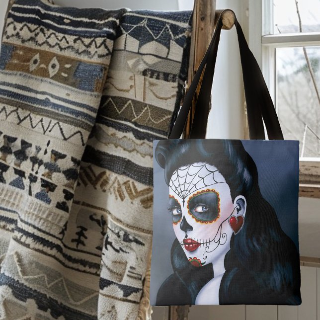 Elegant Red Roses Gothic Sugar Skull Woman Tote Bag (Creator Uploaded)