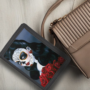 Elegant Red Roses Gothic Sugar Skull Woman Tri-fold Wallet