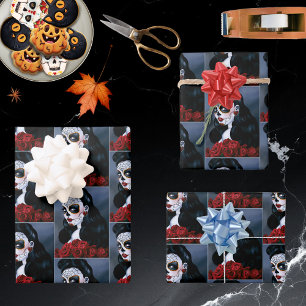 Elegant Red Roses Gothic Sugar Skull Woman Wrapping Paper Sheets