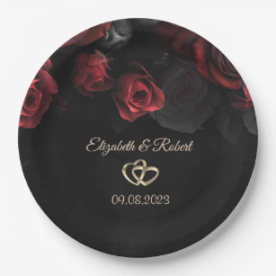 Elegant Red Roses Gothic Wedding Paper Plates