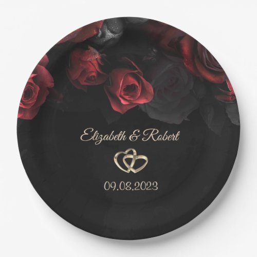 Elegant Red Roses Gothic Wedding Paper Plates