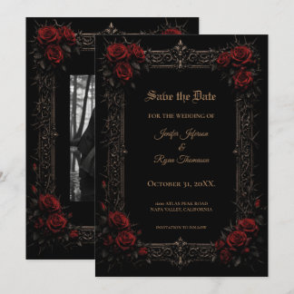 Elegant red roses Gothic wedding save the date Announcement