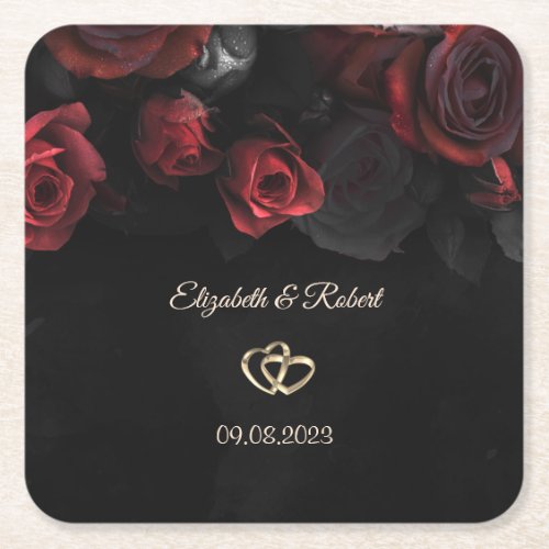 Elegant Red Roses Gothic Wedding Square Paper Coaster