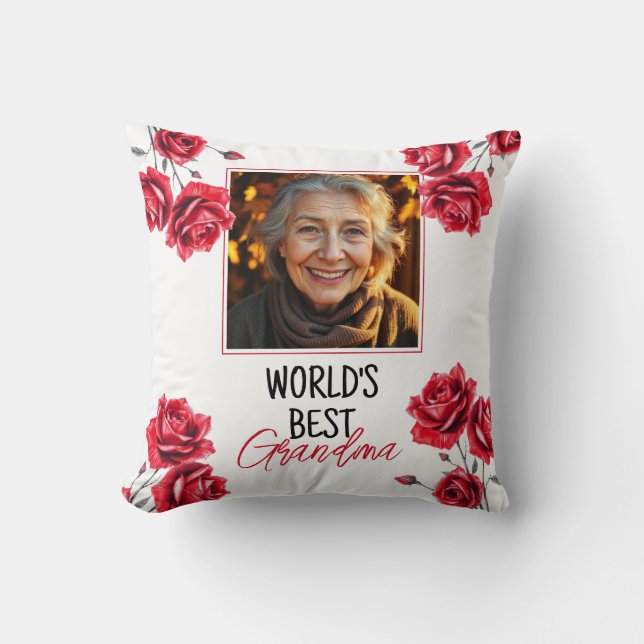 Elegant Red Roses Grandma Photo Throw Pillow (Front)