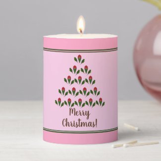 Elegant Red Roses Green Holly Christmas Tree, Pink