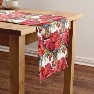 Elegant Red Roses in Vases Table Runner