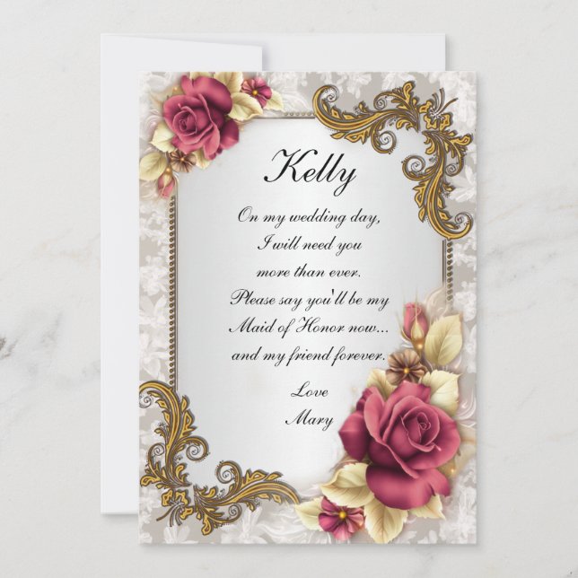 Elegant Red Roses Maid Of Honor Card (Front)