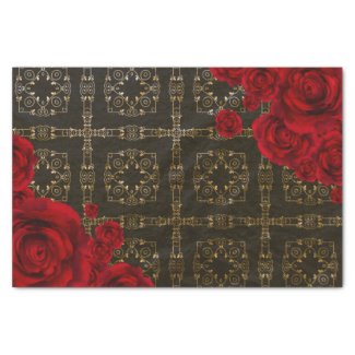 Elegant Red Roses On Black And Gold Damask Pattern Tissue Paper