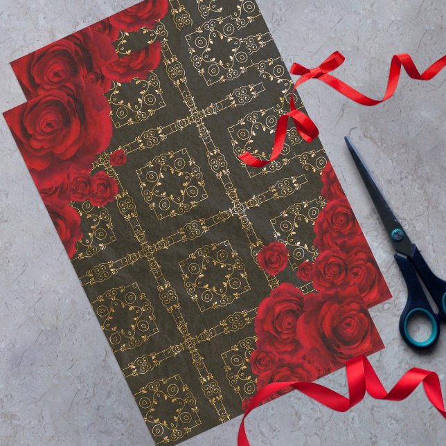 Elegant Red Roses On Black And Gold Damask Pattern Tissue Paper (Creator Uploaded)