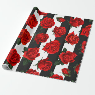 Elegant Red Roses on Black & White Stripes Wrapping Paper