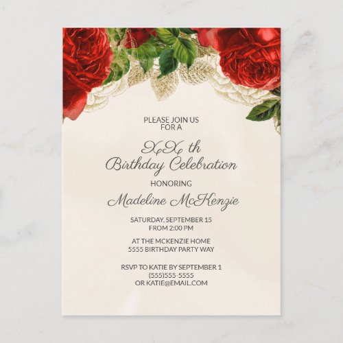 Elegant Red Roses on Champagne Birthday Invitation Postcard