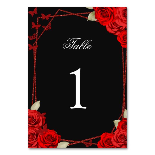 Elegant Red Roses Quinceanera Table Number (Front)