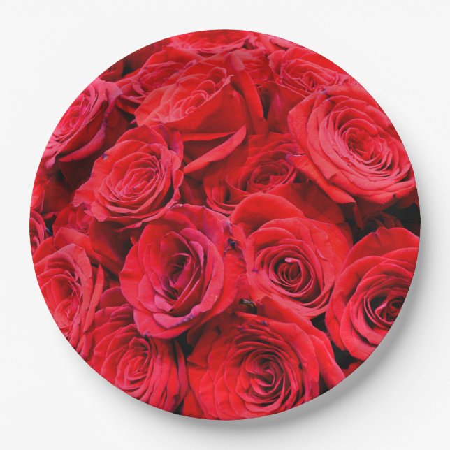 Elegant red roses red flowers red floral paper plates (Front)