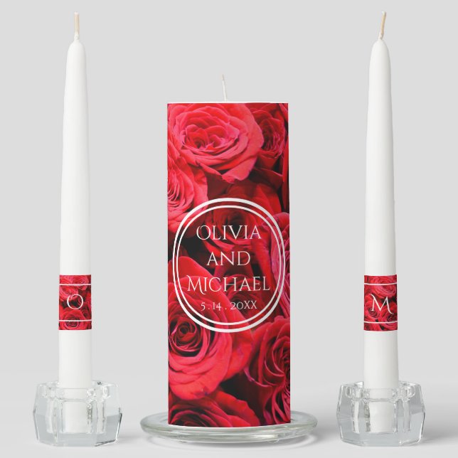 Elegant red roses red flowers red floral unity candle set (Front)