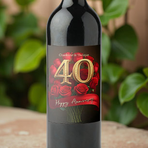 Elegant Red Roses Ruby 40th Wedding Anniversary Wine Label