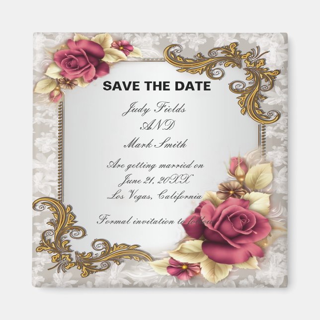 Elegant Red Roses Save The Date Magnet (Front)