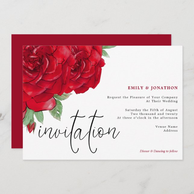 Elegant Red Roses Script Typography Wedding Invitation (Front/Back)