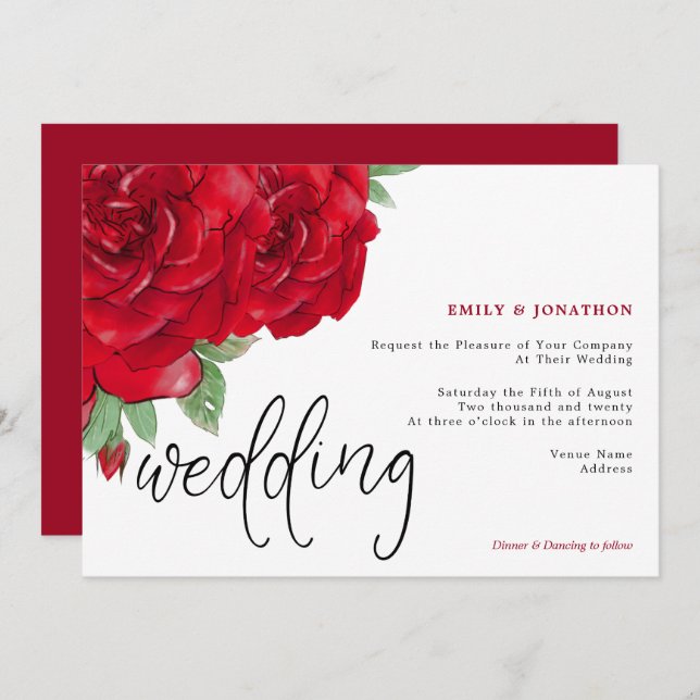Elegant Red Roses Script Typography Wedding Invitation (Front/Back)