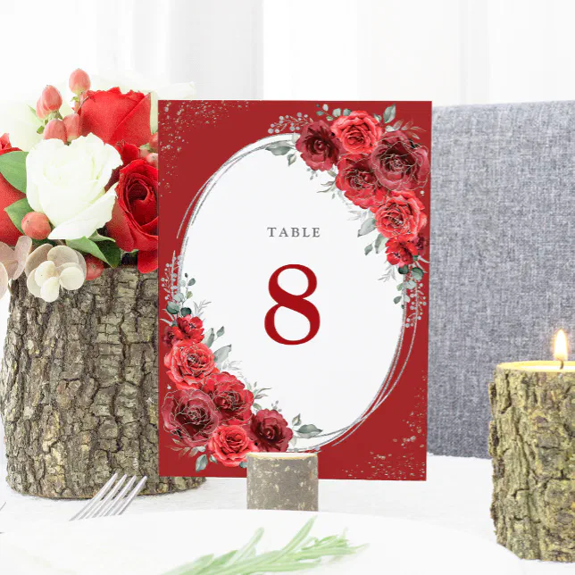 Red Roses Table Numbers Elegant Red Roses Silver Floral Wedding Table Number | Zazzle