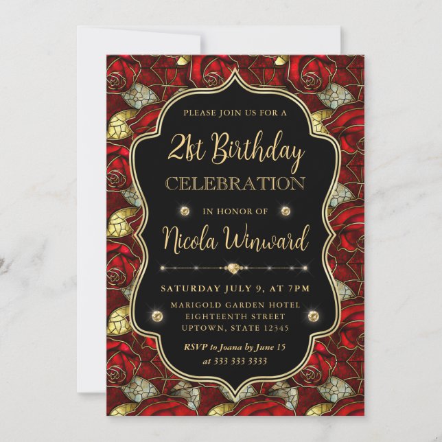 Elegant Red Roses Stained Glass 21st Birthday Invitation (Front)
