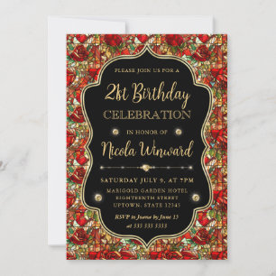 Elegant Red Roses Stained Glass 21st Birthday Invitation