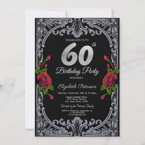 Elegant Red Roses Stripes Gothic 60th Birthday  Invitation
