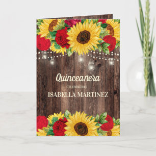 Elegant Red Roses Sunflowers Quinceañera Card