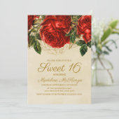Elegant Red Roses Tan Sweet 16 Birthday  Invitation (Standing Front)