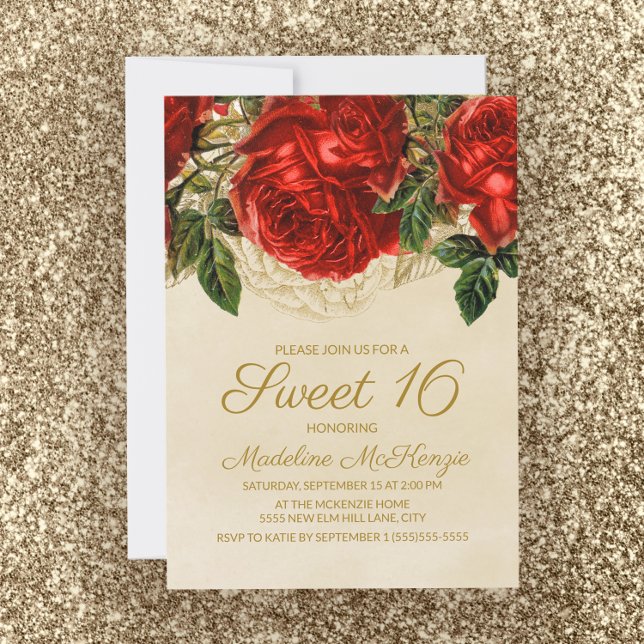 Elegant Red Roses Tan Sweet 16 Birthday  Invitation