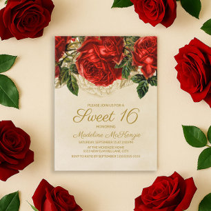 Elegant Red Roses Tan Sweet 16 Birthday Invitation Postcard