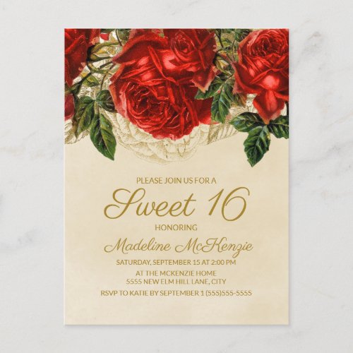 Elegant Red Roses Tan Sweet 16 Birthday Invitation Postcard