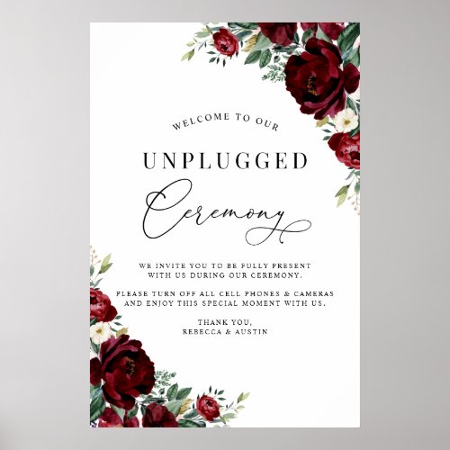 Elegant Red Roses Unplugged Ceremony Wedding Sign